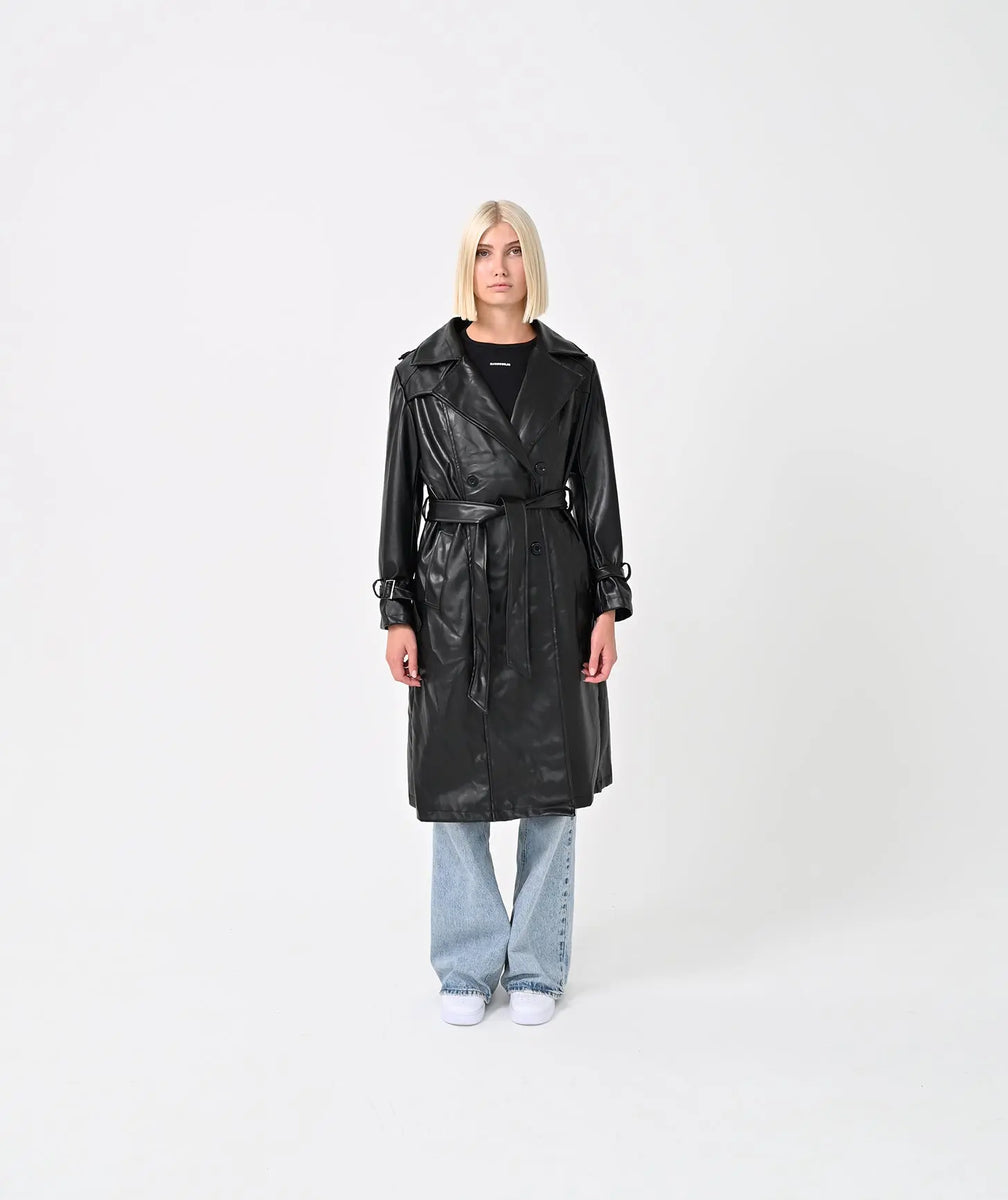 Black long leather coat online